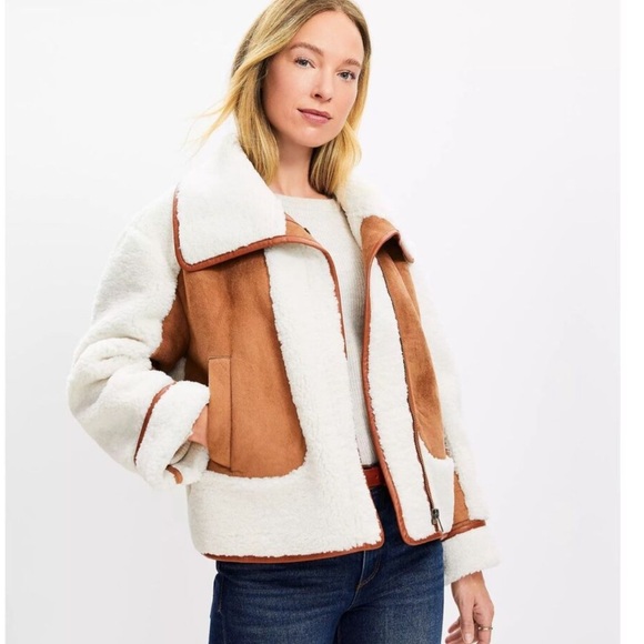 LOFT Jackets & Blazers - LOFT Cream and Brown Faux Shearling Moto Jacket NWT